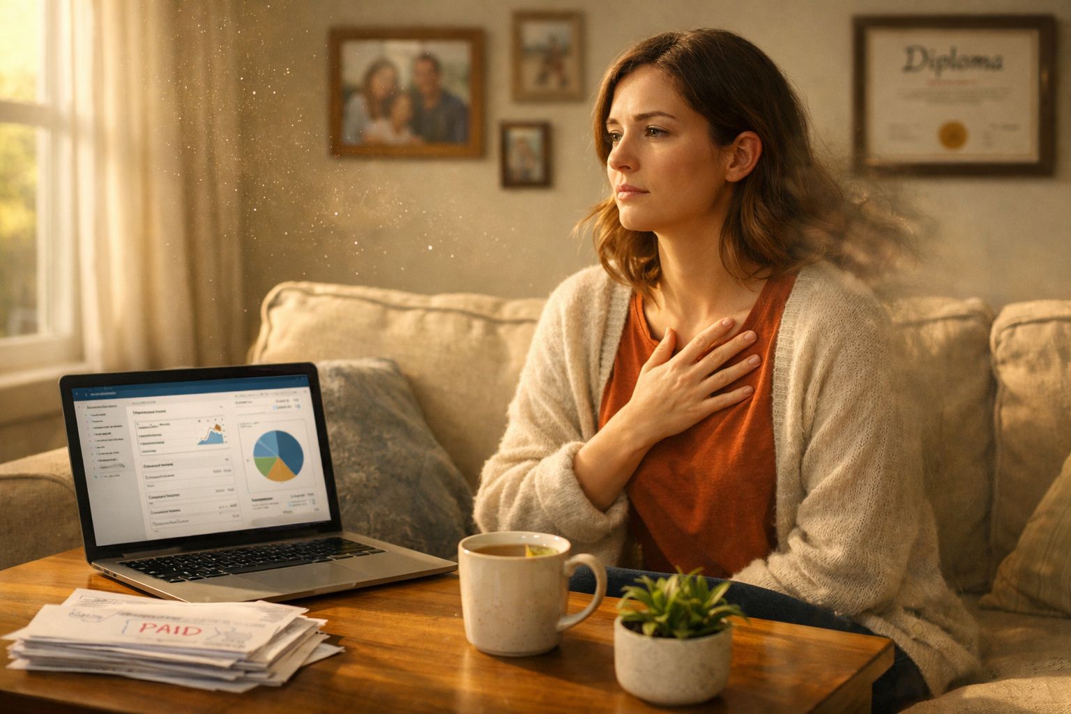 Mulher sentada no sofá, com a mão no peito, ao lado de portátil com gráficos e caneca num ambiente acolhedor.