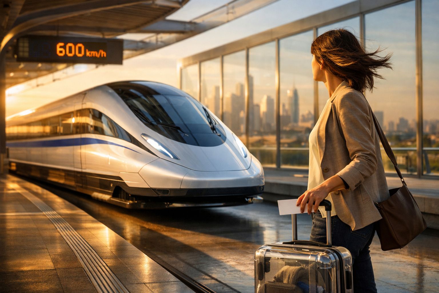 Mulher na plataforma de estação observa comboio de alta velocidade a chegar ao pôr do sol.