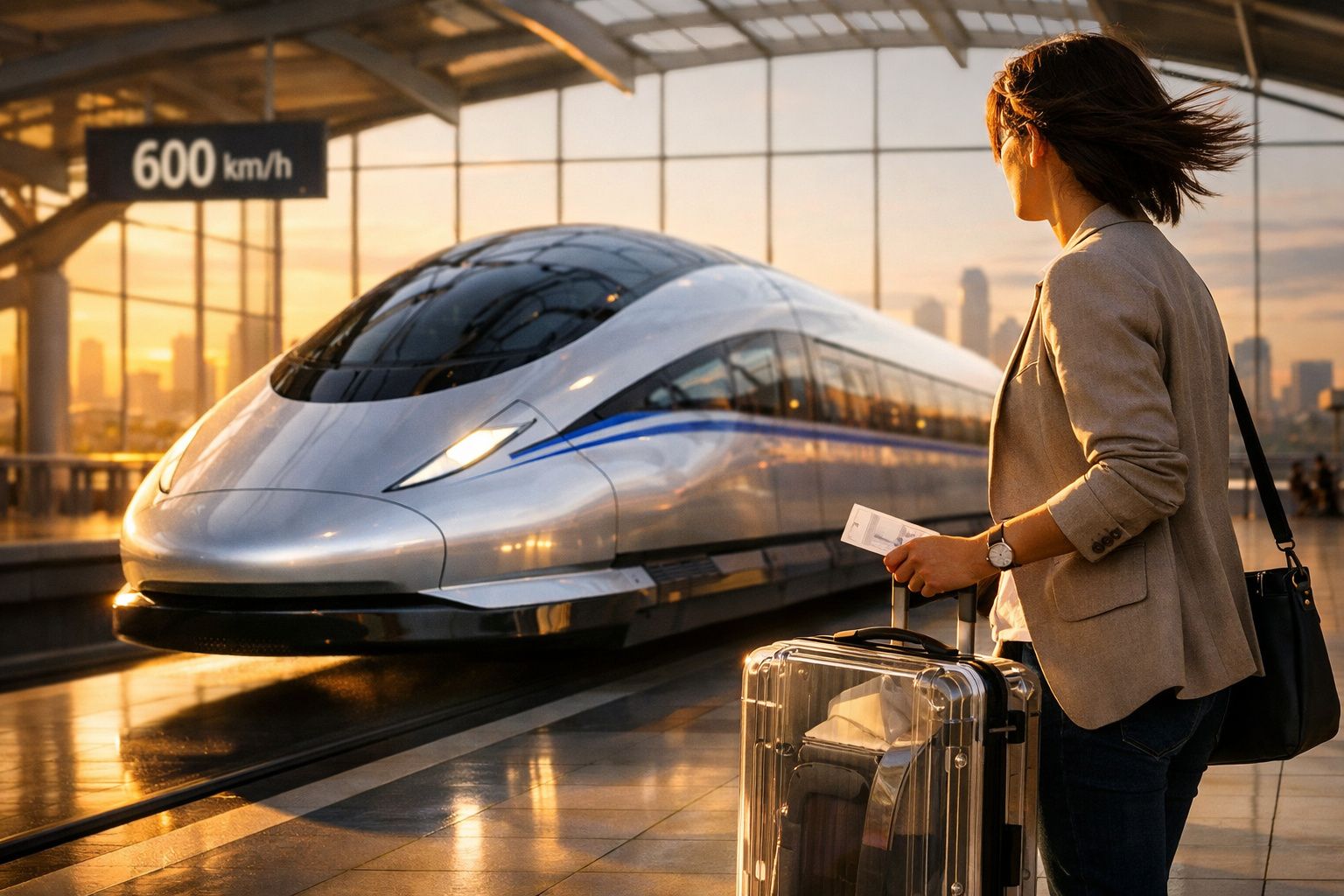 Mulher com mala transparente espera por comboio de alta velocidade numa estação moderna ao pôr do sol.