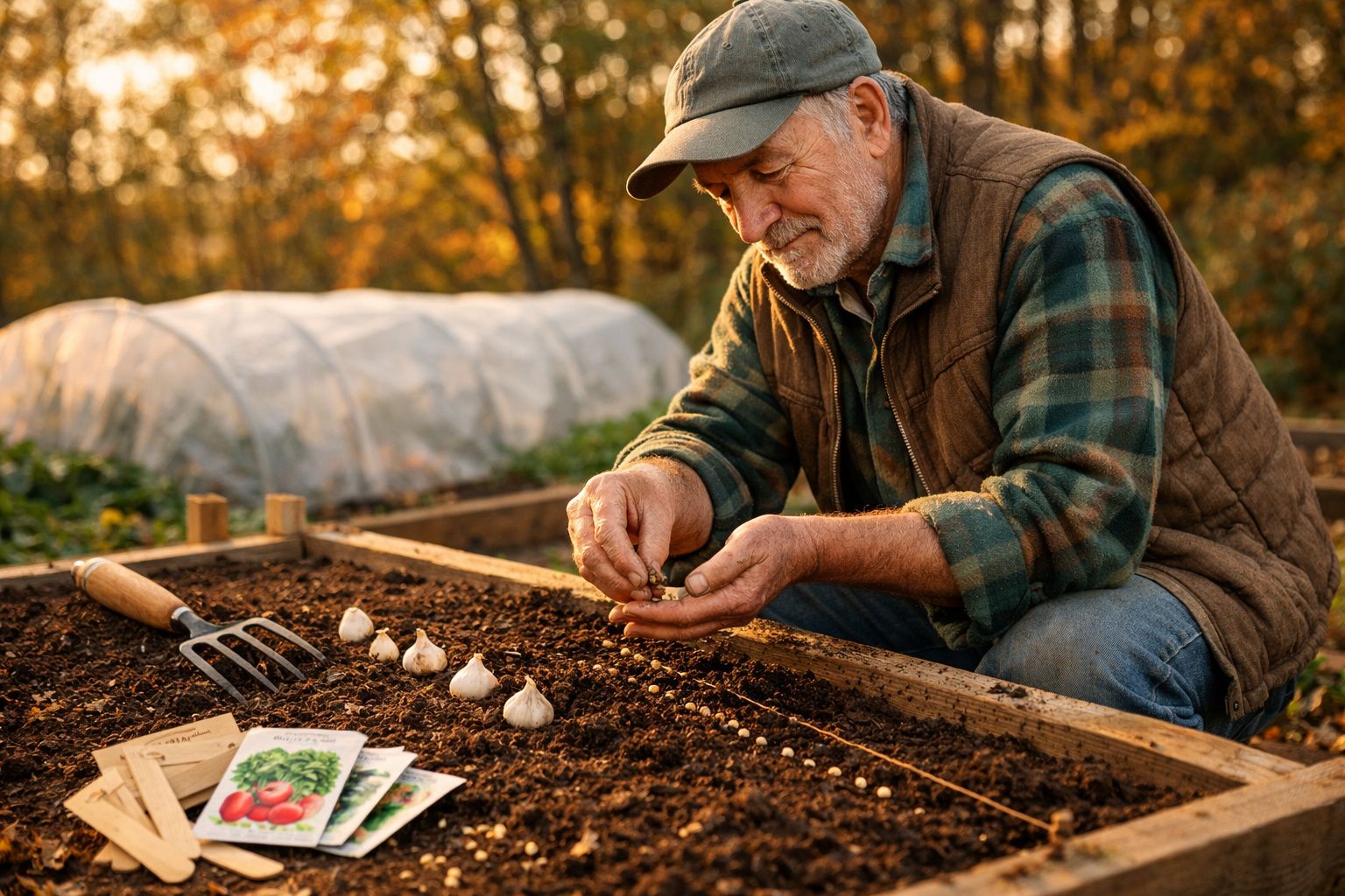 Homem idoso a plantar dentes de alho numa horta, com envelopes de sementes e ferramenta à sua frente.