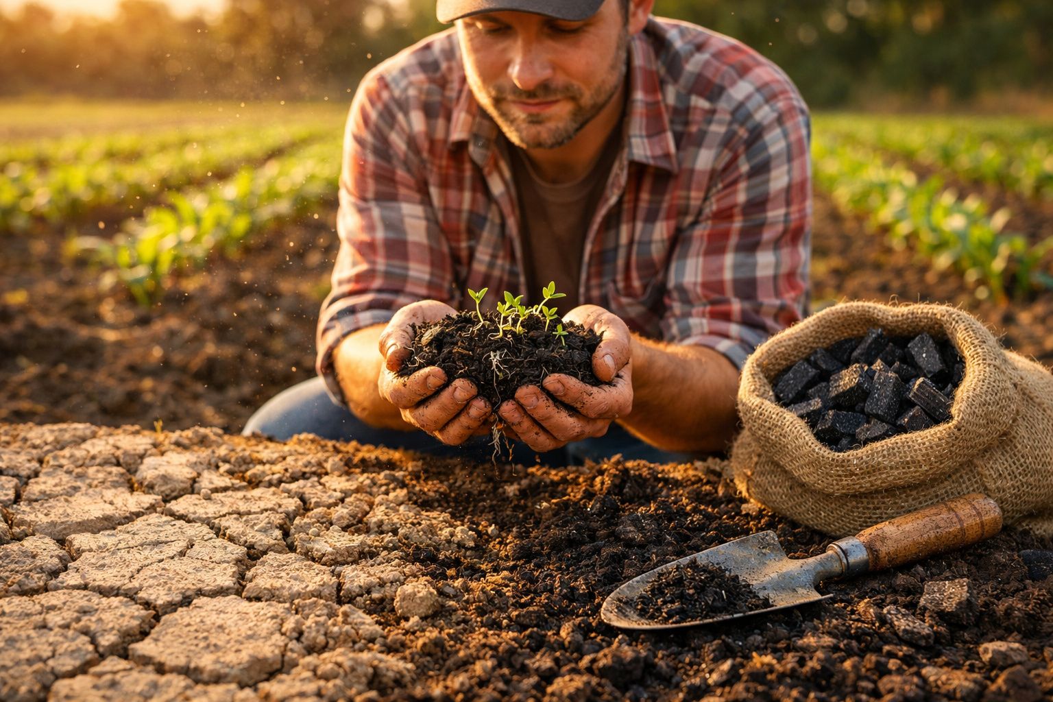 Homem a segurar terra com plantas jovens, junto a terra cultivada, saco com carvão e enxada no campo.