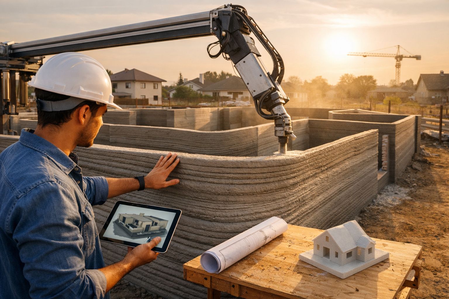 Engenheiro de construção observa impressão 3D de paredes de casa numa obra ao pôr do sol.