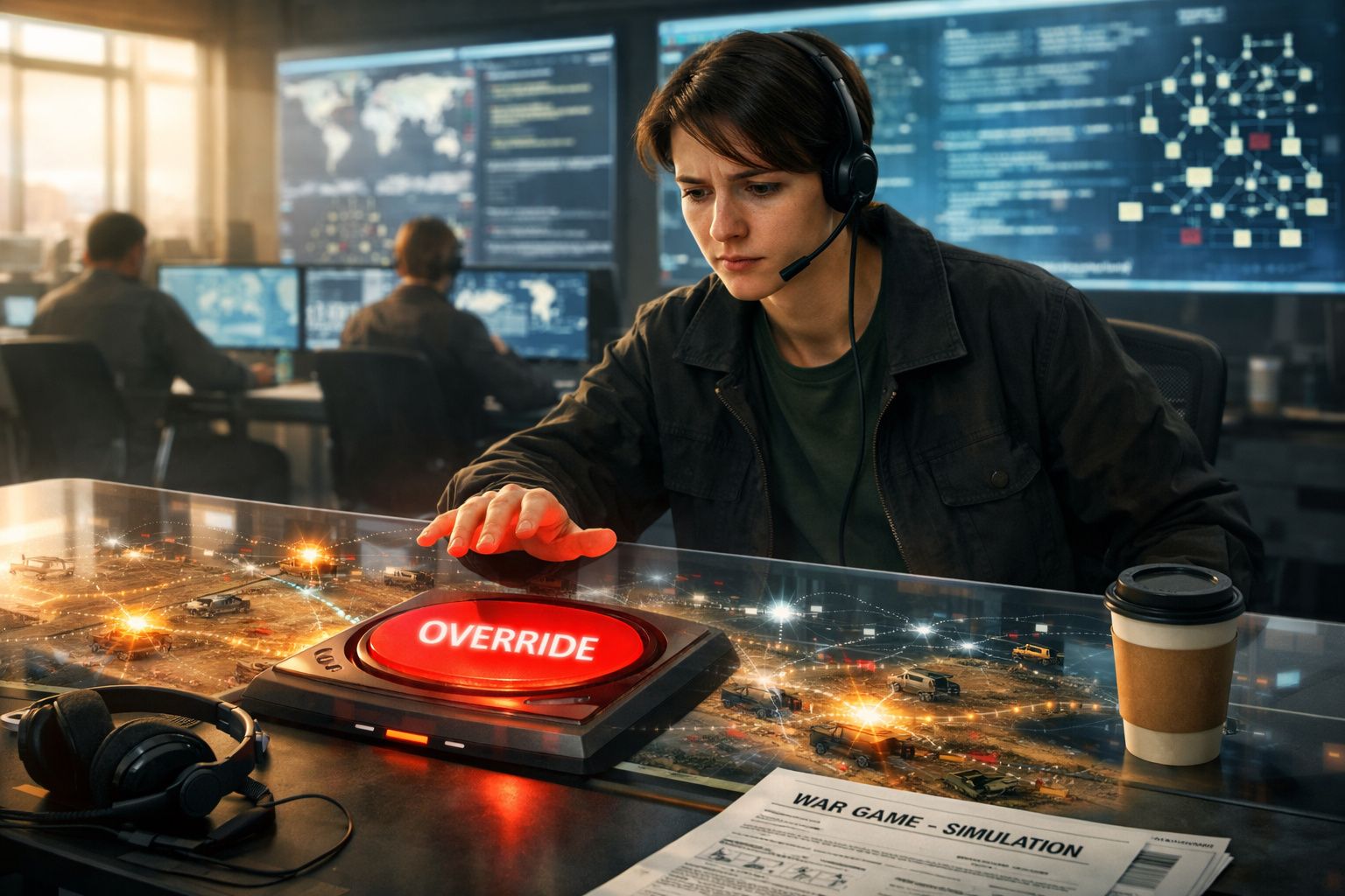 Operadora com auricular pressiona botão vermelho "override" em painel digital numa sala de controle moderno.