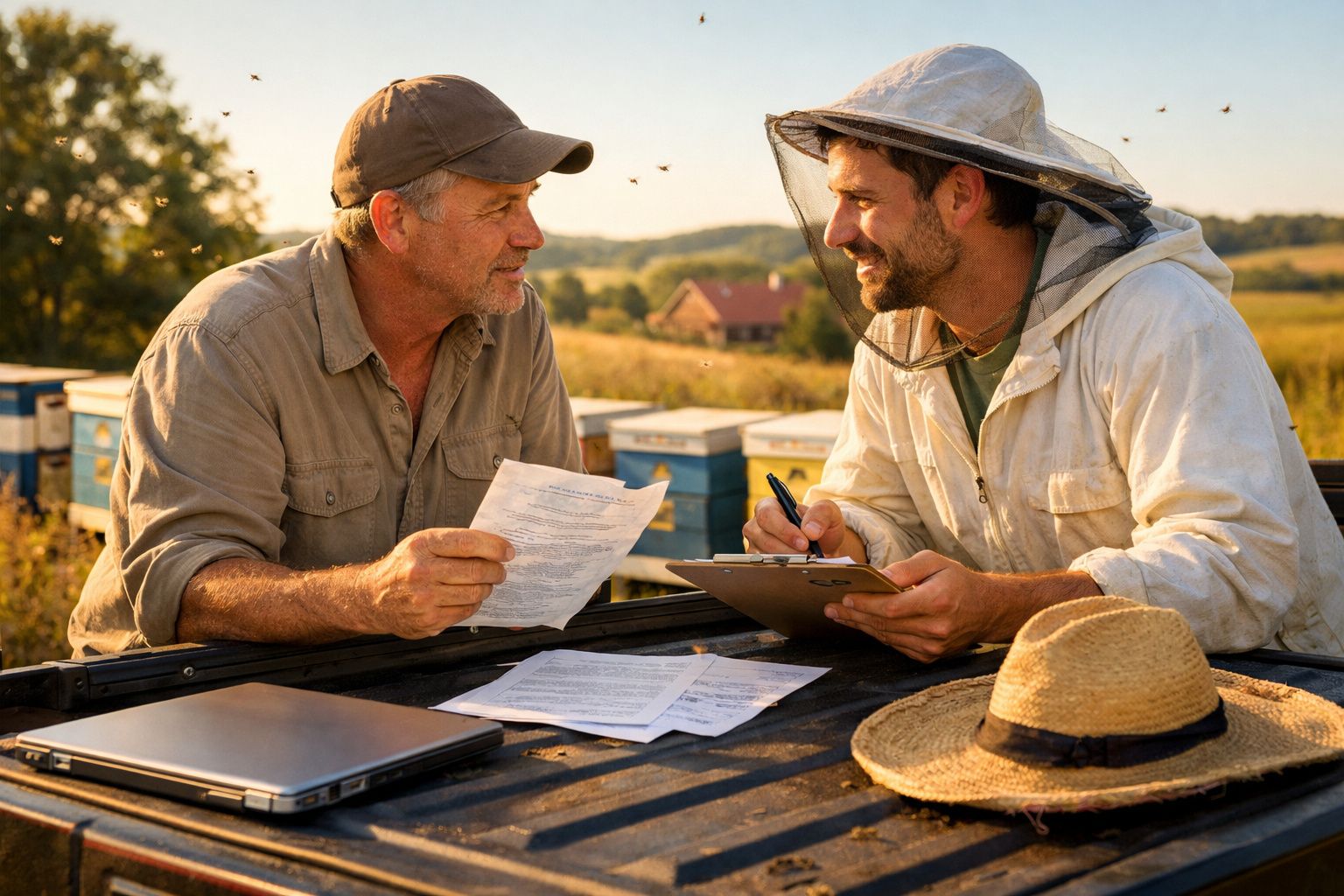 Dois apicultores a discutir documentos junto a colmeias num campo ao pôr do sol.