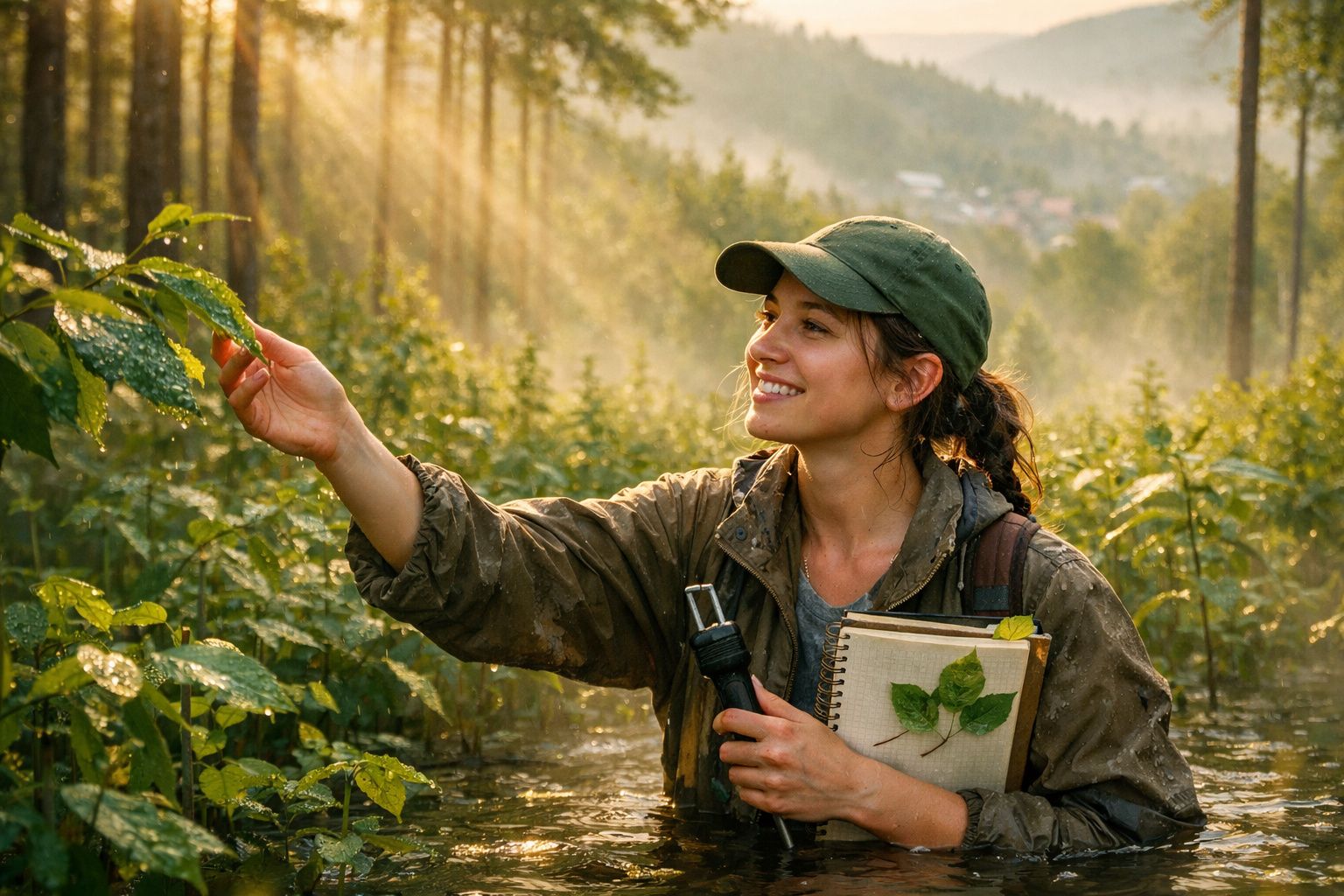 Mulher sorridente a examinar plantas num ambiente florestal ao amanhecer, com caderno de campo e garrafa.