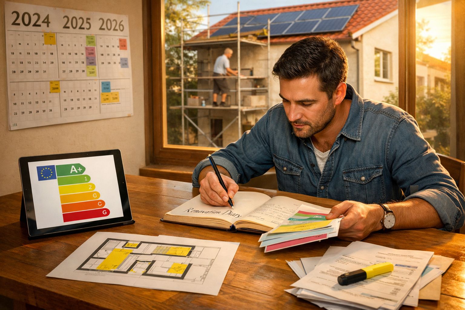 Homem a planear renovação de casa com documentos, planta, tablet com certificado energético e calendário na parede.
