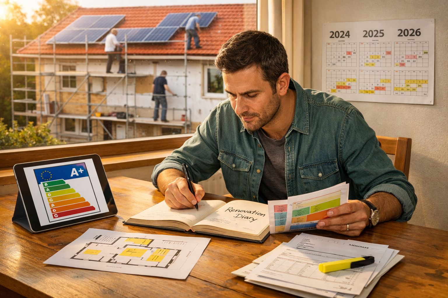 Homem a planear renovação de casa com painéis solares e gráficos de eficiência energética à vista.