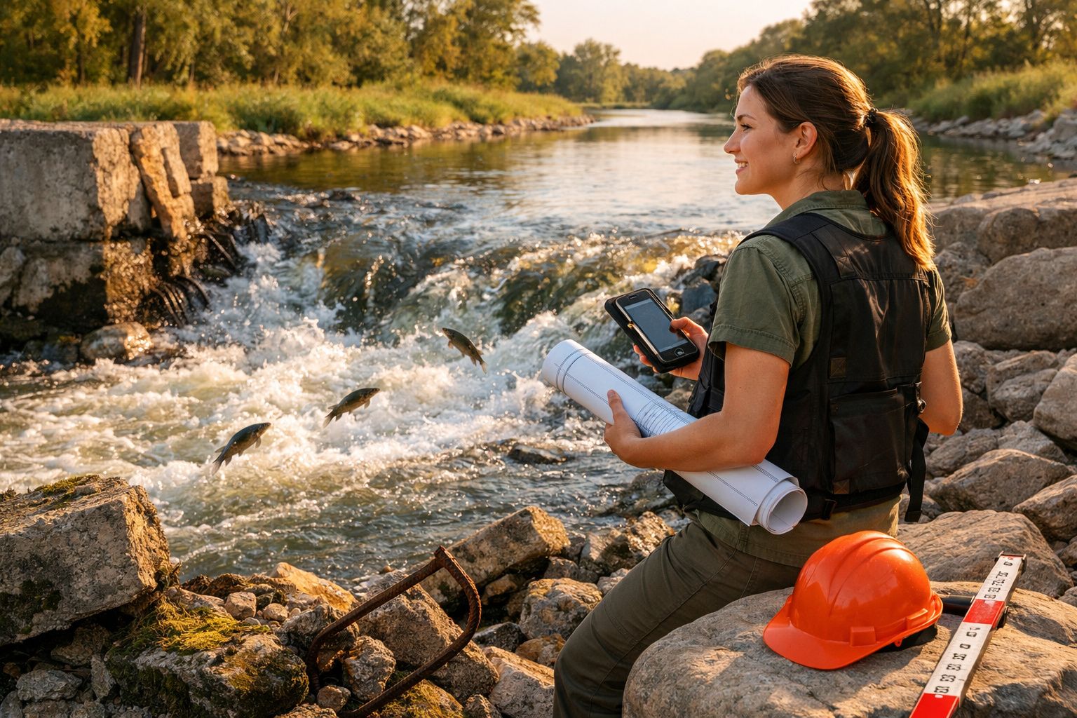 Mulher com colete e cabelo apanhado junto a rio, segurando planta e telemóvel, com capacete e régua em pedras.