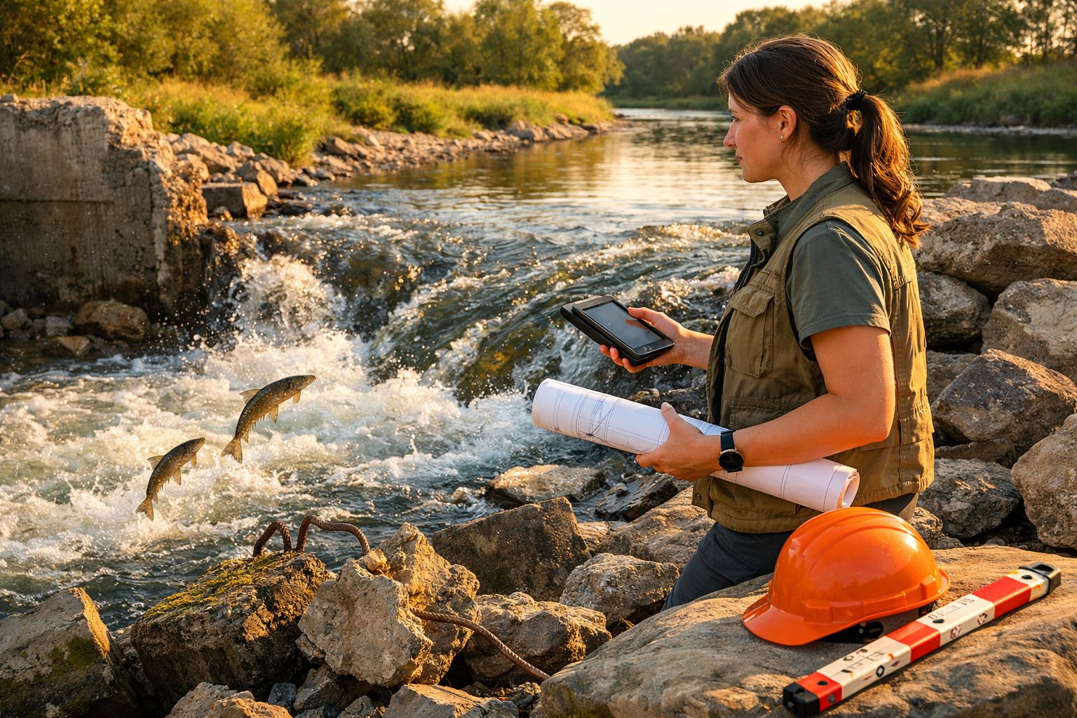 Mulher a estudar o fluxo de um rio com plantas, peixes a saltar e equipamentos de trabalho na margem.