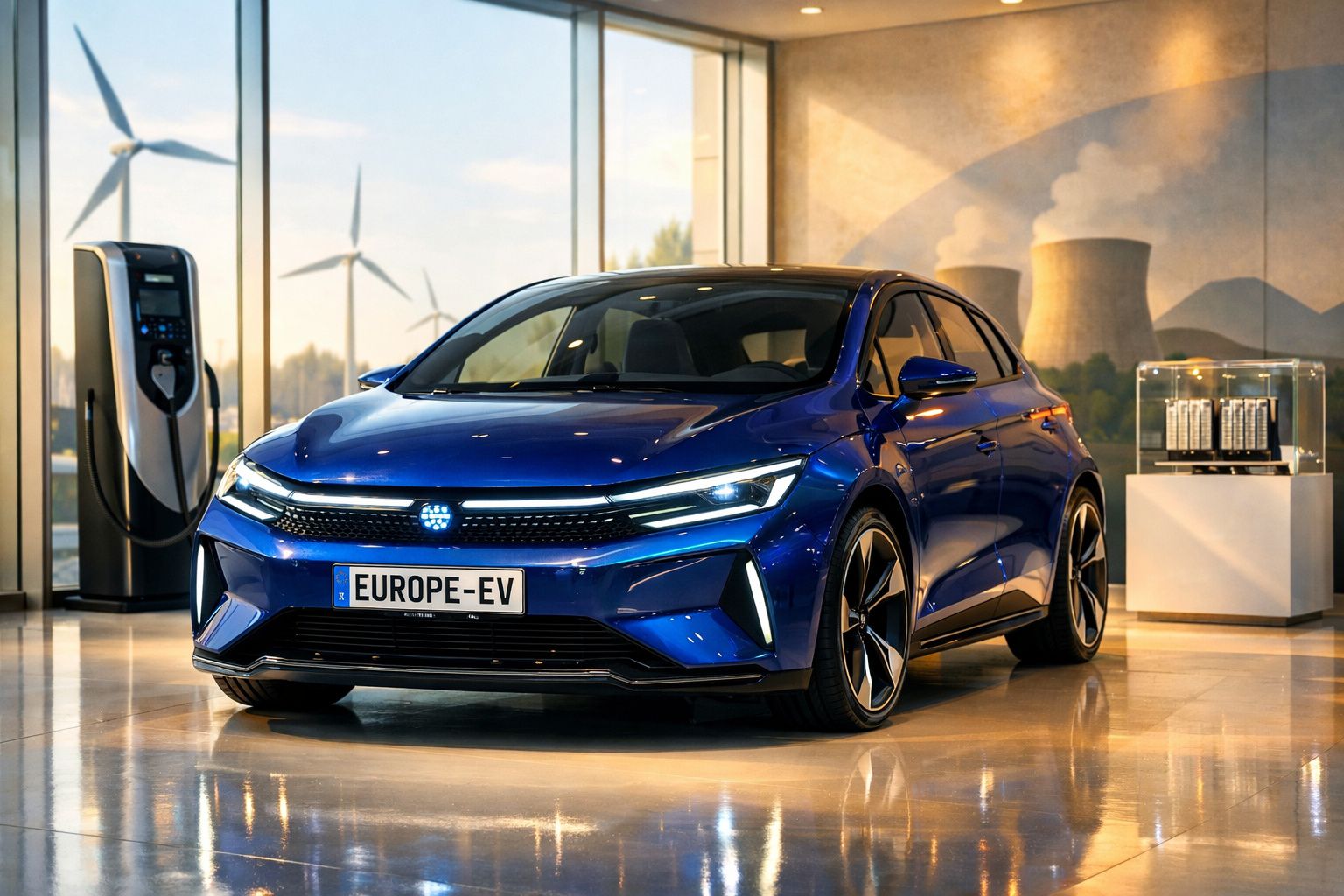 Carro elétrico azul estacionado em espaço interior, com carregador e turbinas eólicas ao fundo.