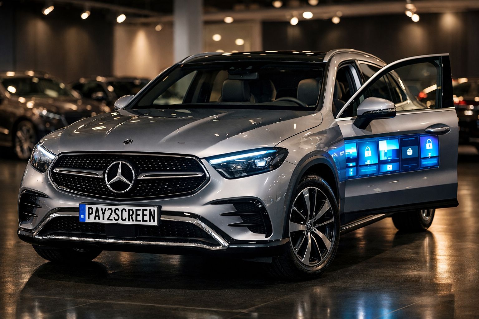 Carro Mercedes-Benz prateado com porta aberta e botão digital de controlo de segurança em destaque na porta.