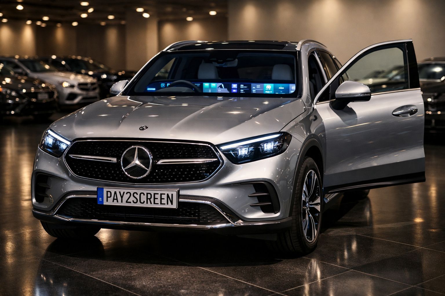 Mercedes-Benz cinzento com faróis ligados e porta dianteira aberta em showroom iluminado.