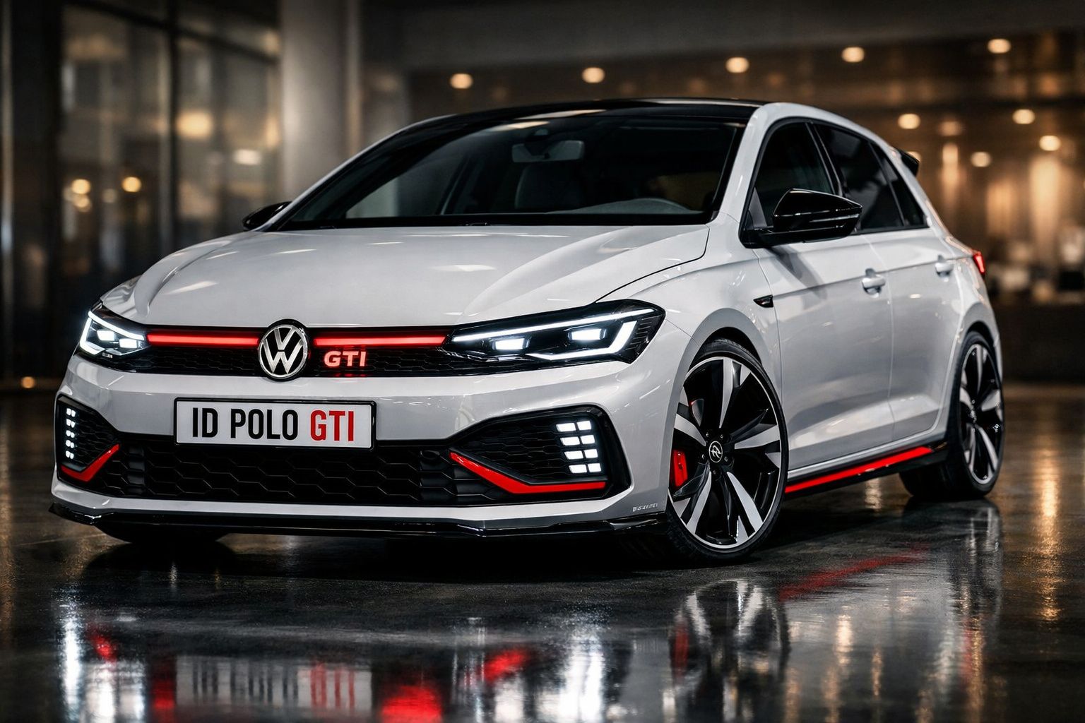 Carro Volkswagen ID Polo GTI branco com detalhes vermelhos, luzes LED e jantes desportivas pretas e prateadas.