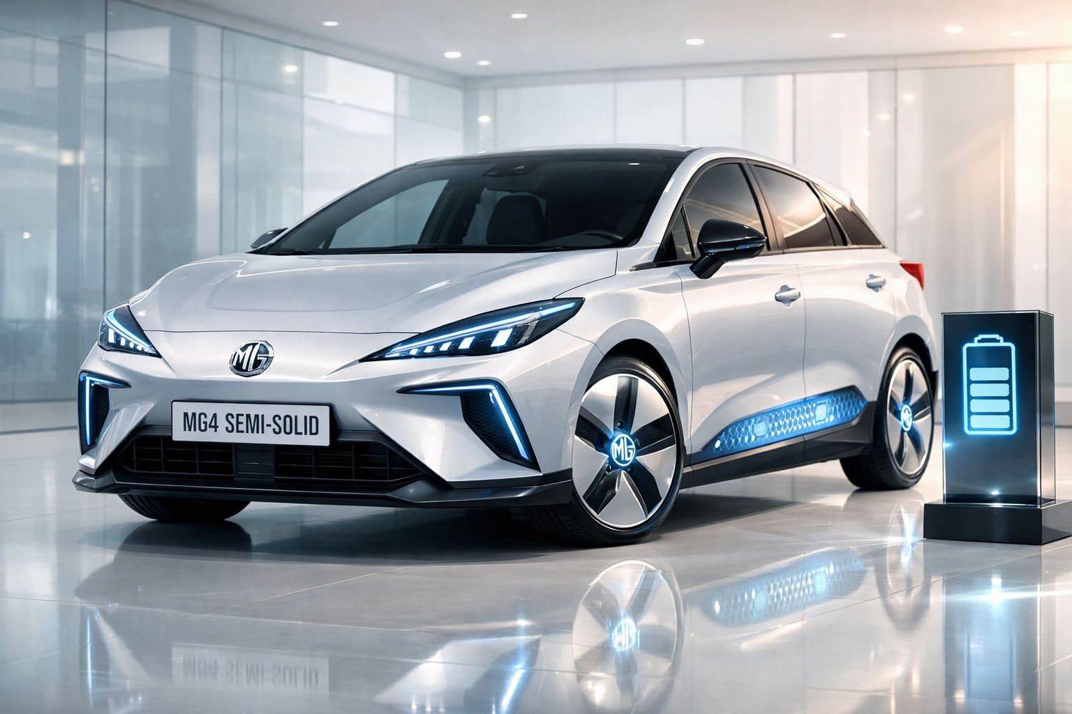 Carro elétrico MG4 Semi-Solid branco estacionado em ambiente moderno com símbolo de bateria iluminada ao lado.