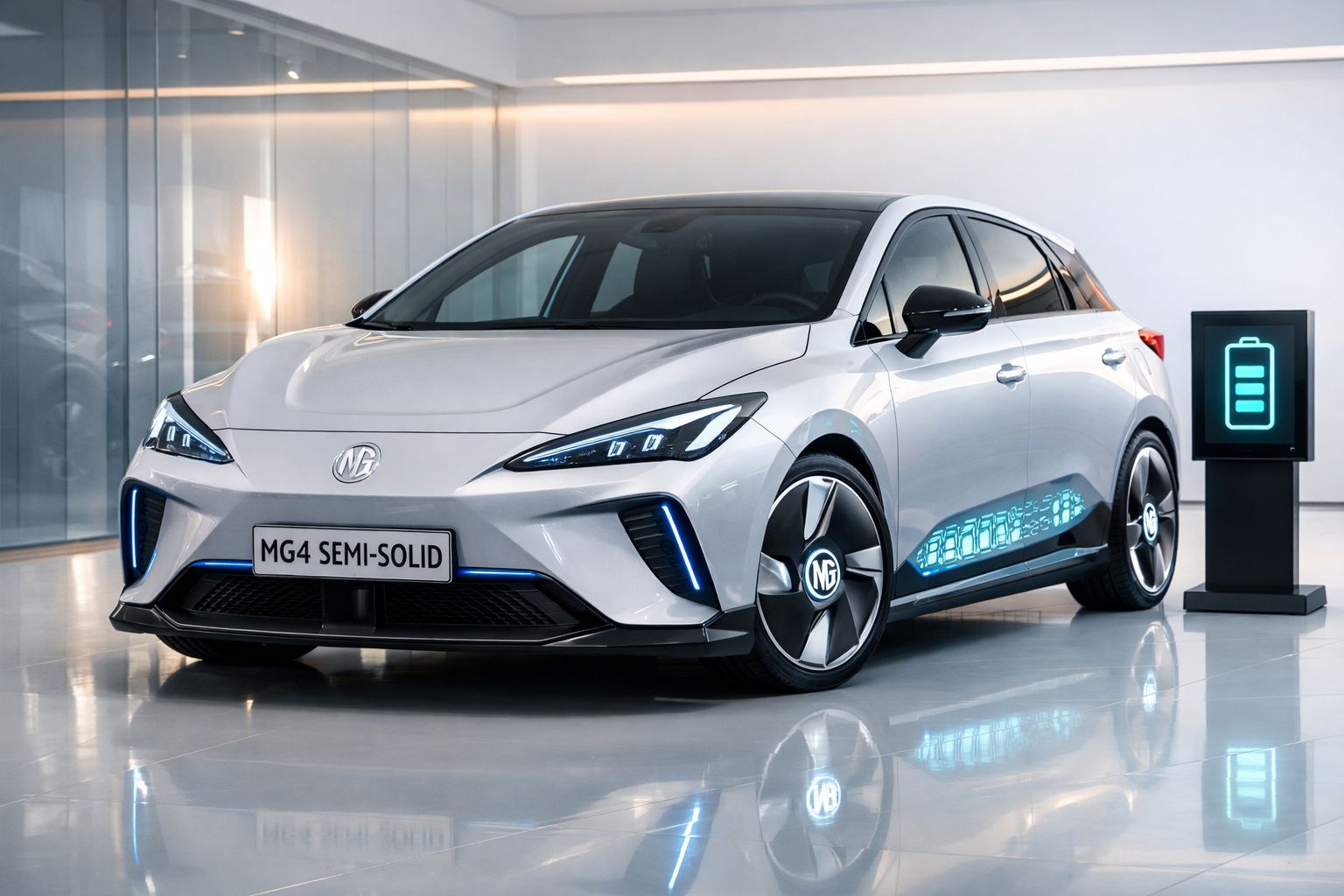 Carro elétrico MG4 branco em exposição com símbolo de bateria a carregar ao lado.