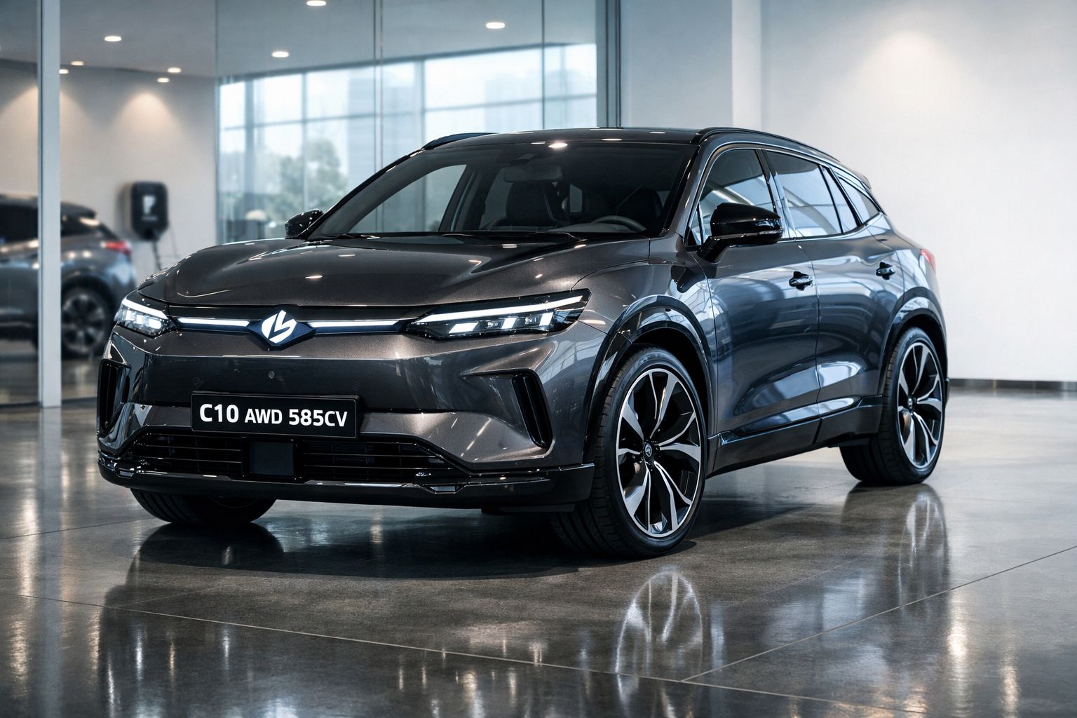 SUV elétrico cinzento escuro C10 AWD 585CV numa garagem moderna com chão brilhante.