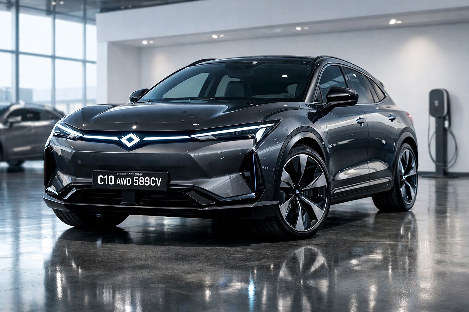 Carro elétrico moderno cinzento escuro estacionado numa sala com carregador na parede.