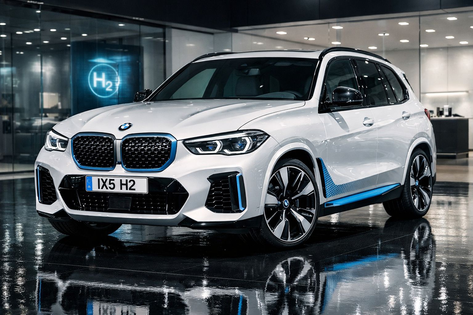 Carro BMW branco modelo IX5 H2 estacionado em piso brilhante dentro de showroom moderno.