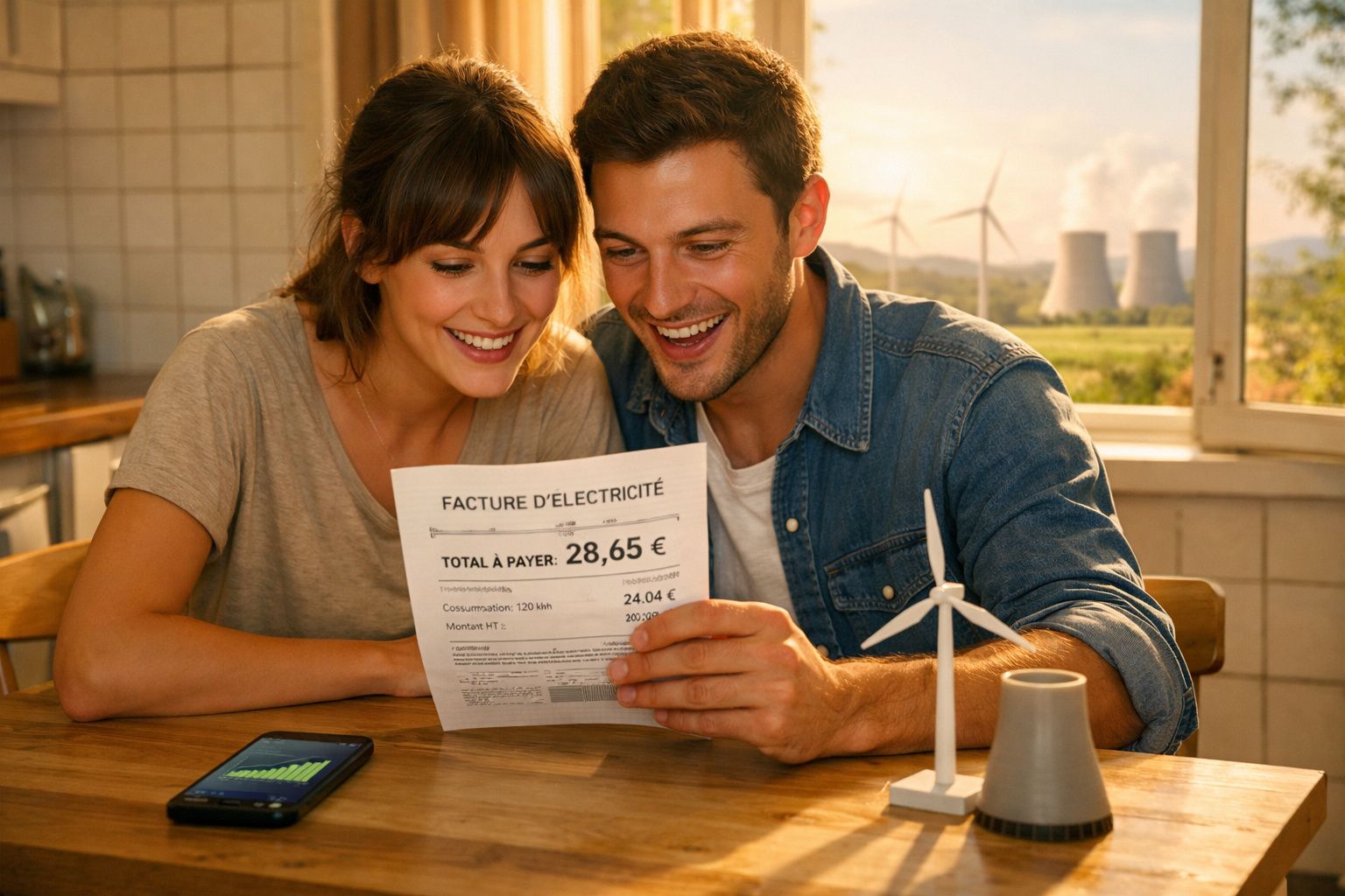 Casal feliz a olhar para fatura de eletricidade com turbinas eólicas visíveis pela janela atrás.