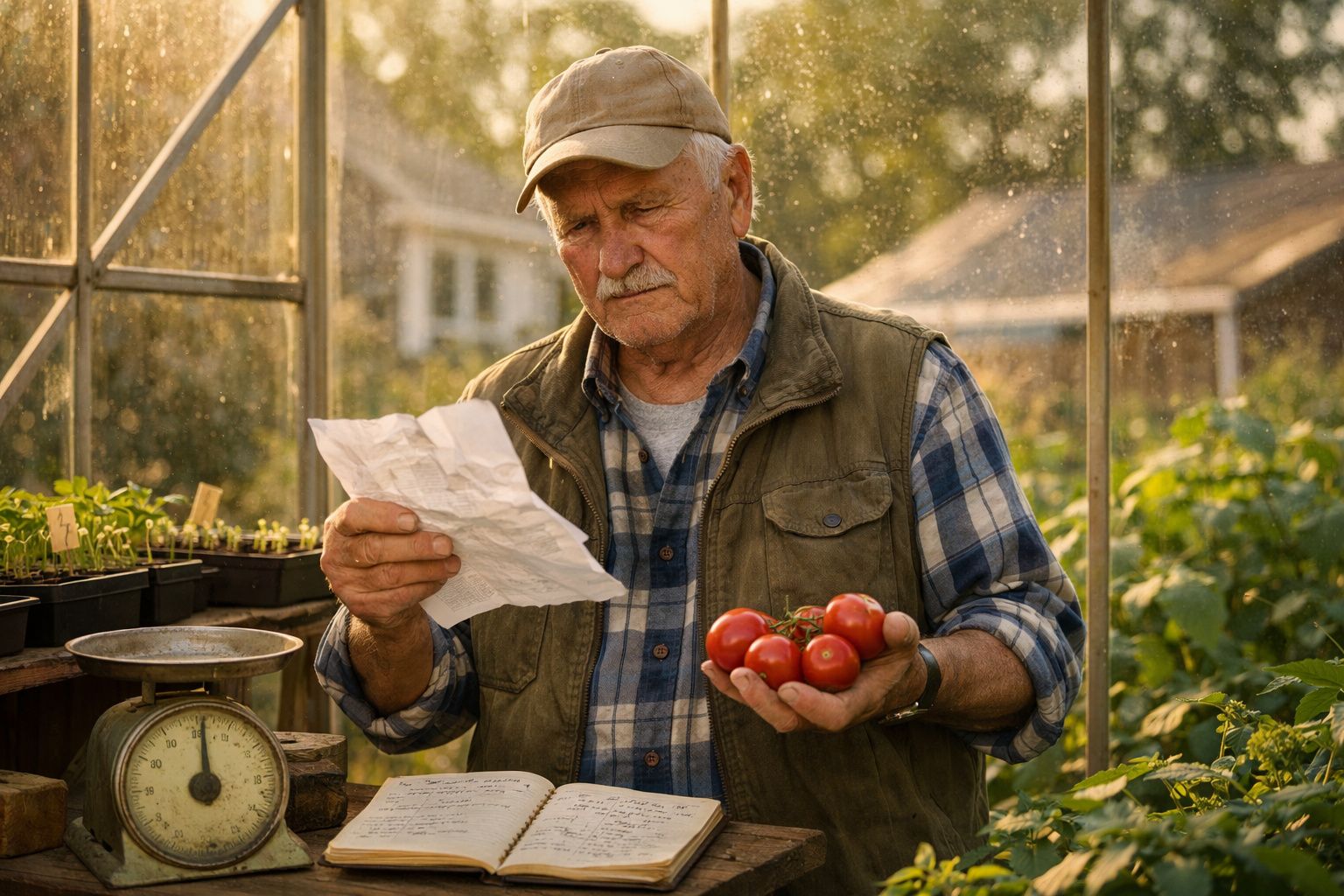 Idoso com chapéu segura tomates e lê papel numa estufa, rodeado de plantas e balança antiga.