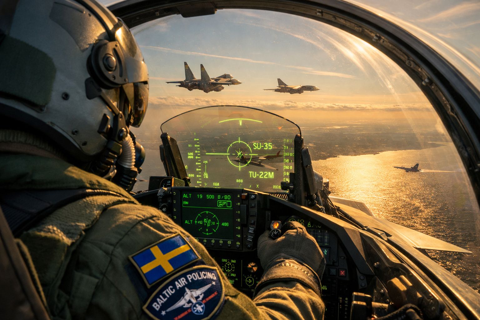 Piloto sueco em cockpit de caça com visão de três aviões militares voando sobre o mar ao pôr do sol.