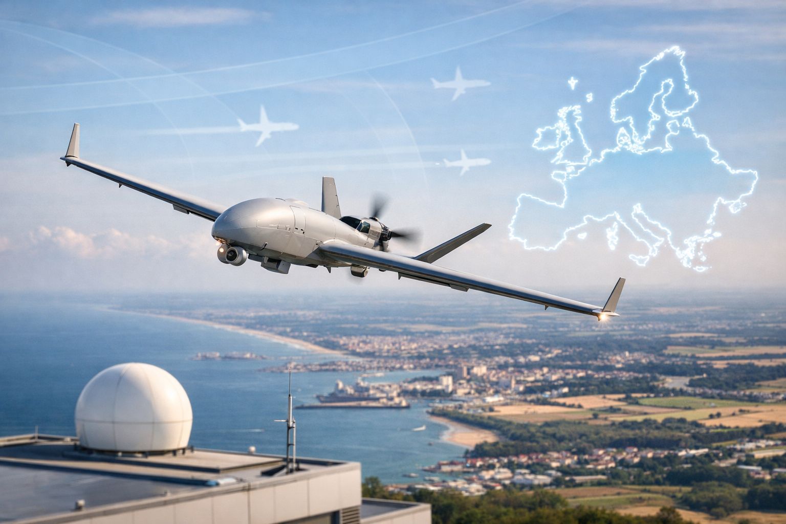Drone militar cinzento a sobrevoar uma cidade costeira com mapa digital da Europa no céu.