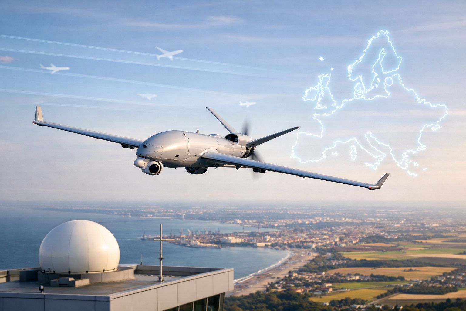 Avião não tripulado voa sobre costa com cidade e mapa digital da Europa no céu ao entardecer.