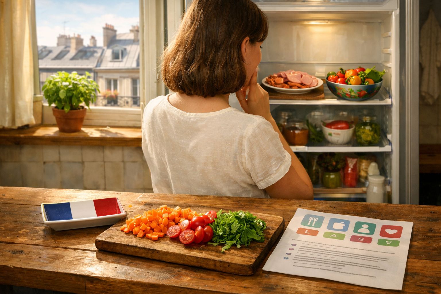 Mulher de costas em frente ao frigorífico aberto, com legumes cortados e prato à francesa na mesa de madeira.