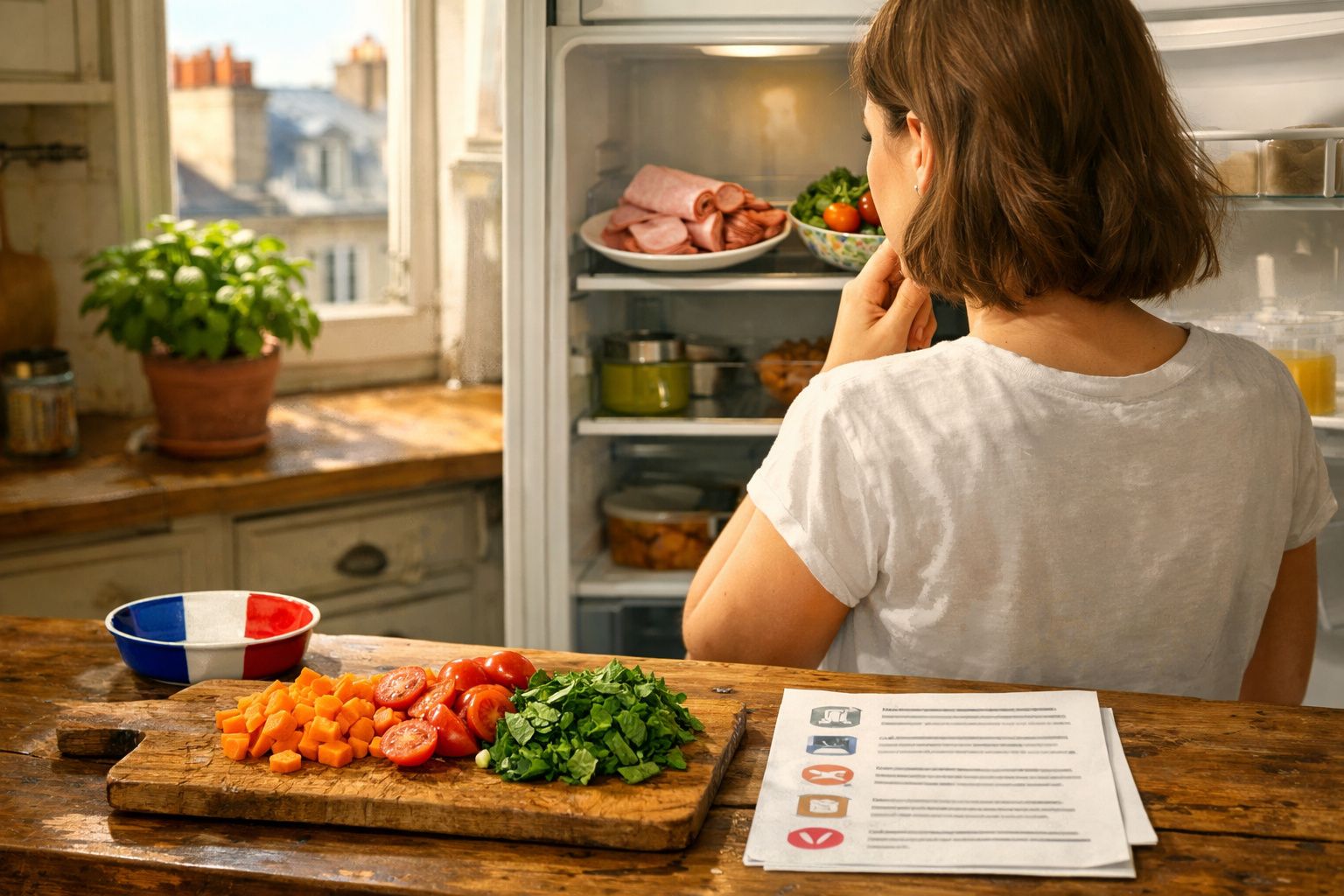 Mulher a pensar junto a frigorífico aberto, ao lado de tábua com legumes picados numa cozinha iluminada.