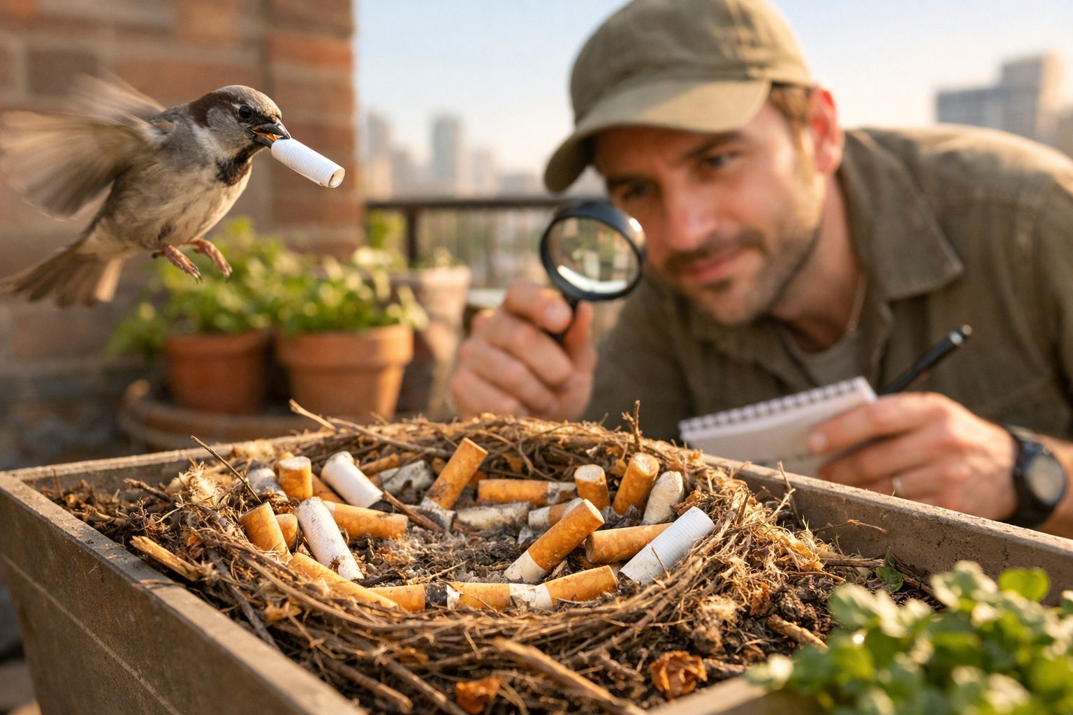 Pássaro a voar com beata de cigarro e homem a investigar com lupa num vaso cheio de beatas.