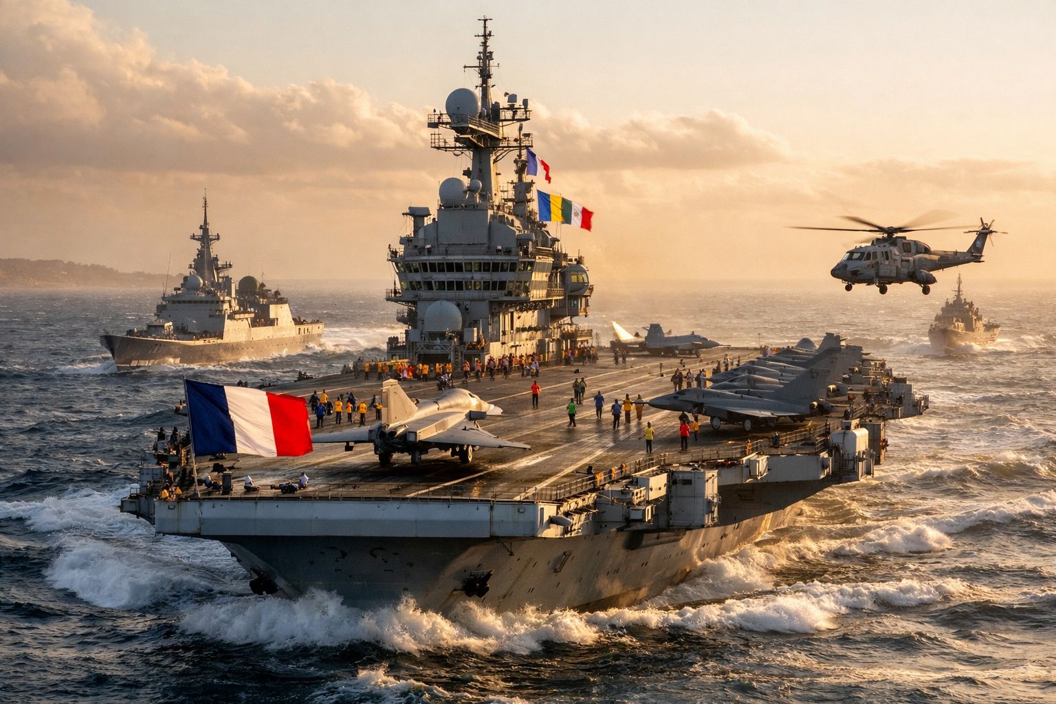Porta-aviões francês em mar agitado com helicóptero a sobrevoar e dois navios de escolta ao fundo ao pôr do sol.