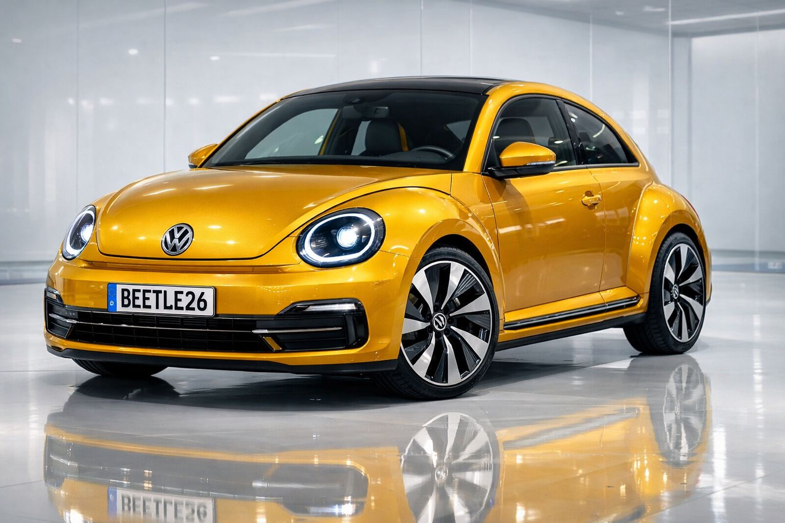 Carro Volkswagen Beetle amarelo estacionado em chão refletor num ambiente fechado e moderno.
