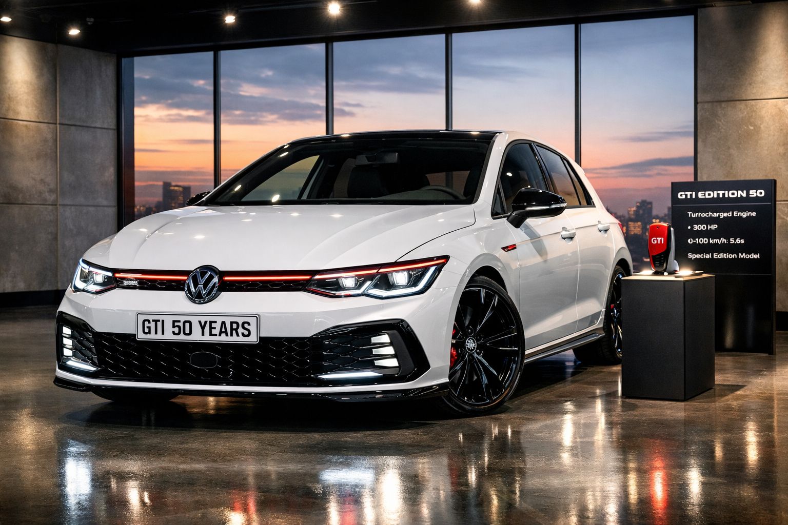 Carro Volkswagen GTI Edition 50 branco em exposição num espaço interior com iluminação suave ao pôr do sol.
