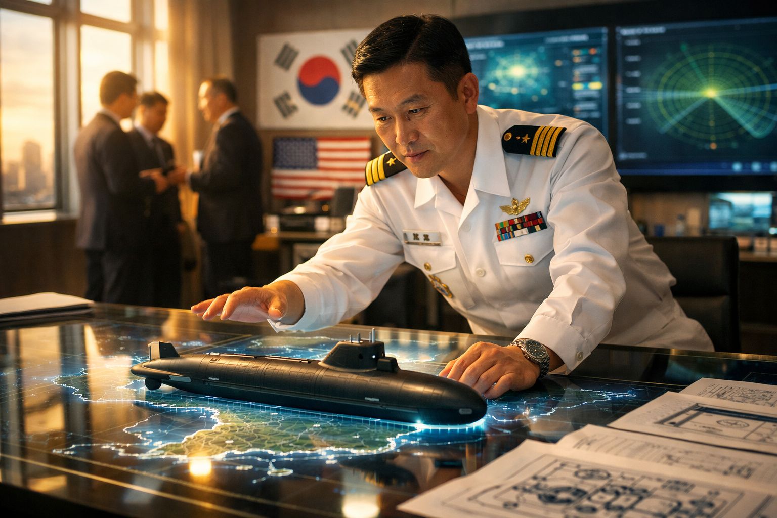 Oficial naval coreano inspeciona maquete de submarino numa mesa digital com mapas e planos técnicos.