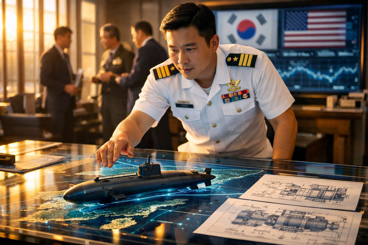 Oficial naval a analisar modelo de submarino sobre mesa digital com planos técnicos e mapas navais.