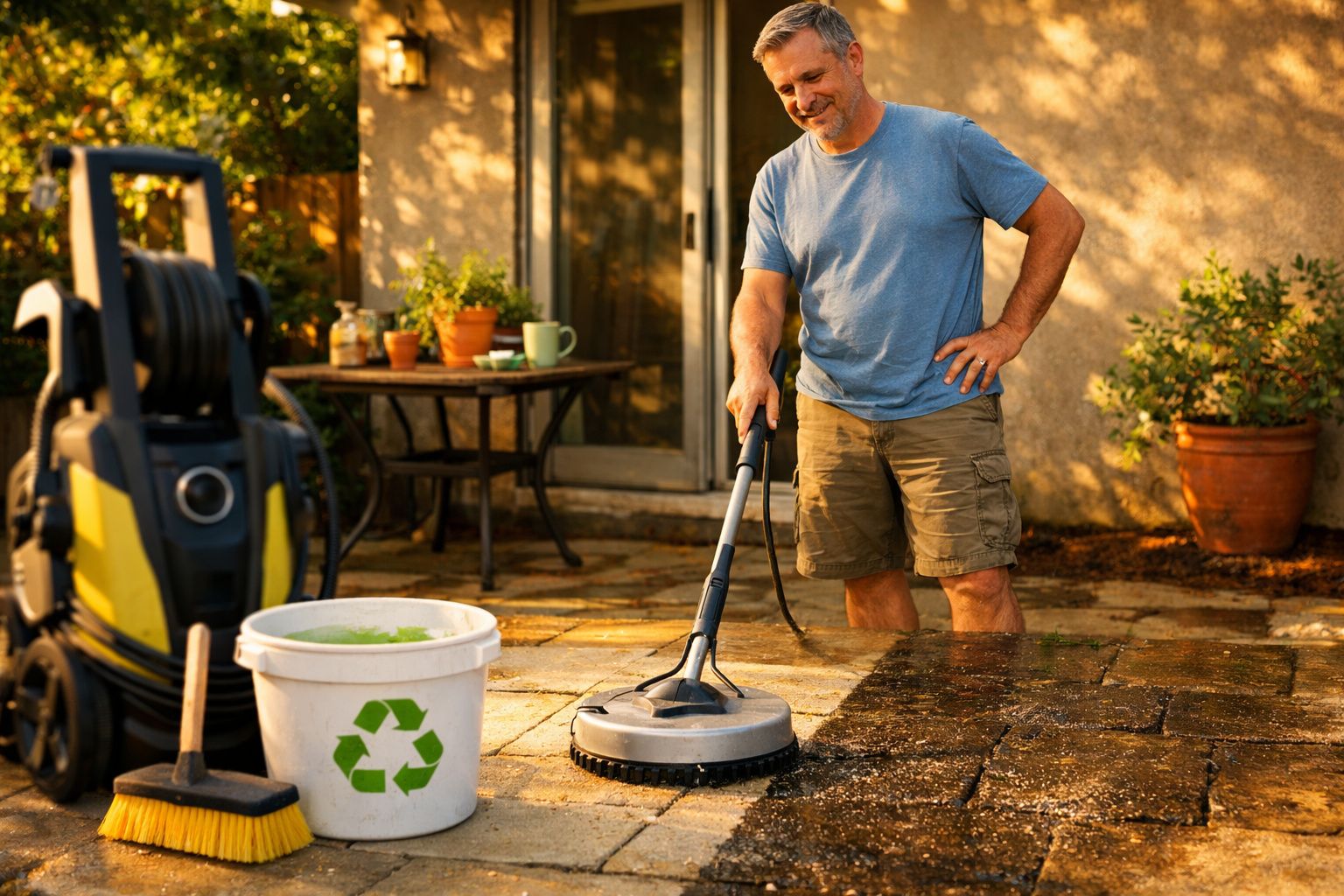 Homem a limpar um pátio com máquina de pressão num dia soalheiro, perto de balde e vassoura.