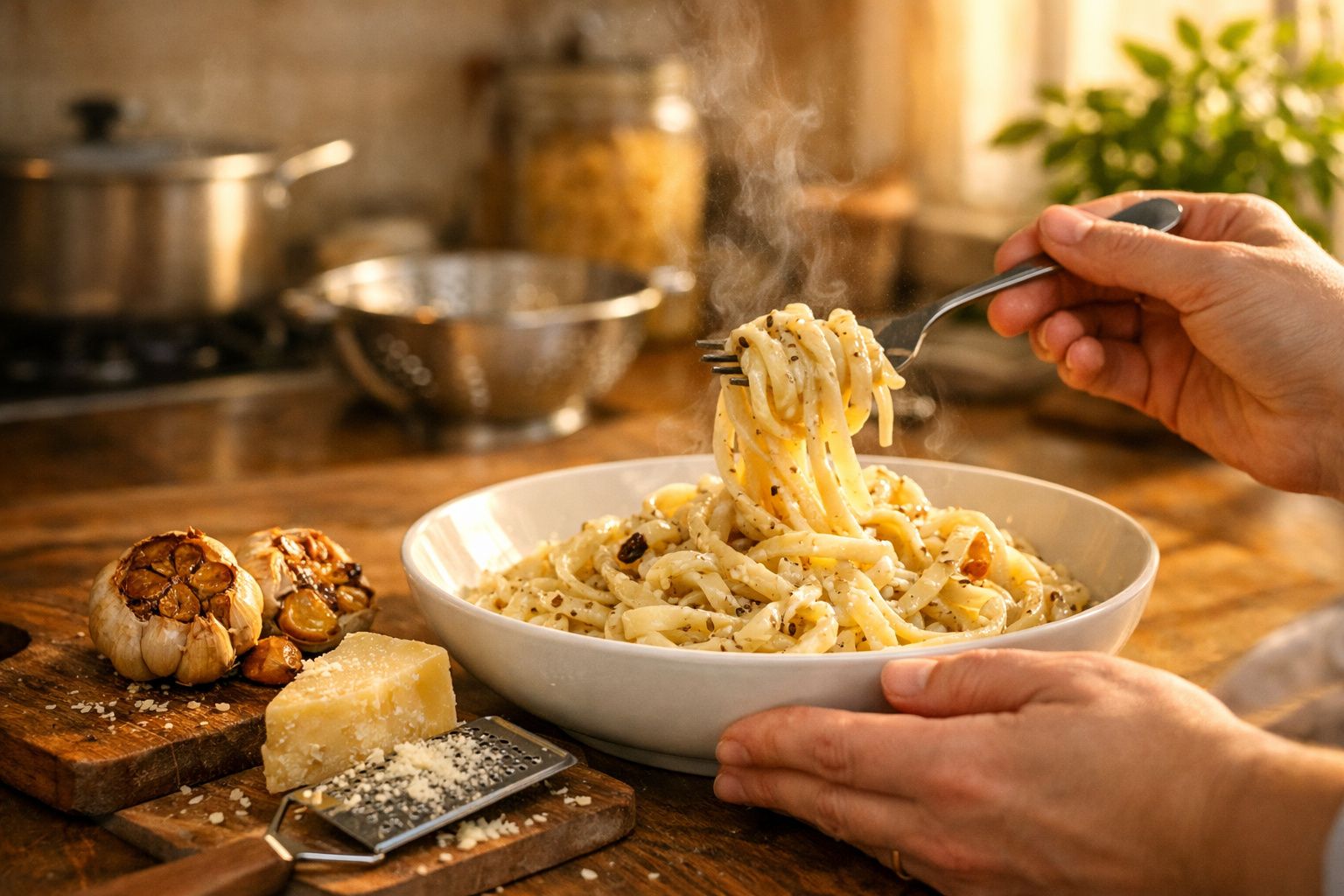 Pessoa a enrolar massa com queijo ralado, alho assado e especiarias numa tigela branca numa cozinha rústica.