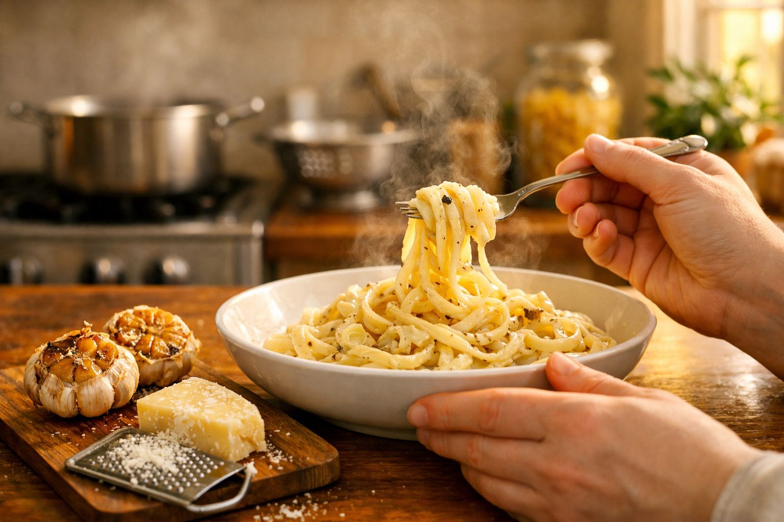 Mãos seguram garfo com massa quente num prato branco, alho assado e queijo ralado numa tábua de madeira ao lado.