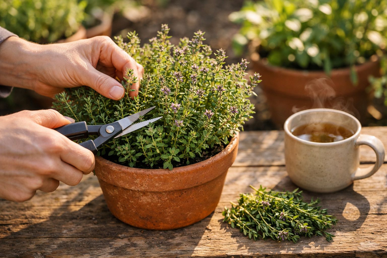 Mãos a podar ervas aromáticas num vaso de barro, com chá quente numa caneca sobre mesa de madeira.