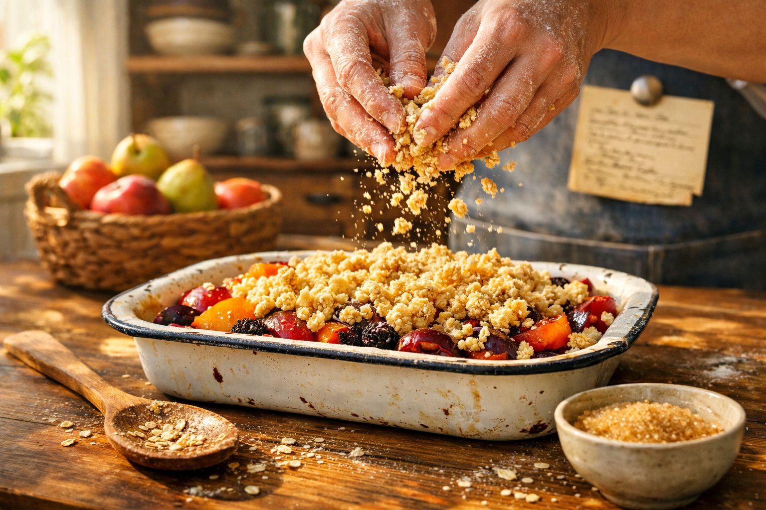 Mãos a polvilhar crumble sobre mistura de frutas num tabuleiro vintage numa cozinha rústica.