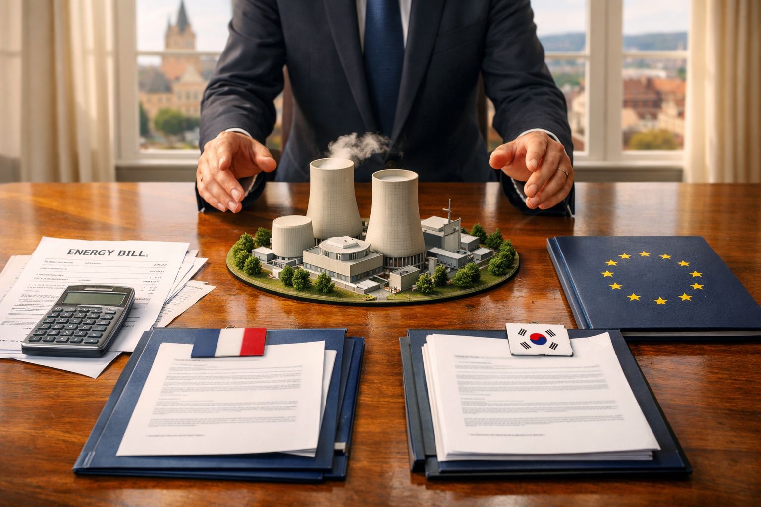 Pessoa de fato atrás de modelo em miniatura de central nuclear com documentos, calculadora e bandeiras da UE, França e Coreia
