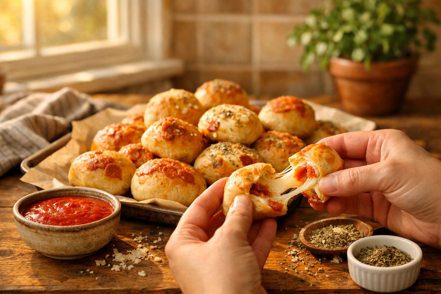 Mãos a partir um pão de queijo recheado com molho de tomate e queijo, com bandeja e molhos ao fundo.