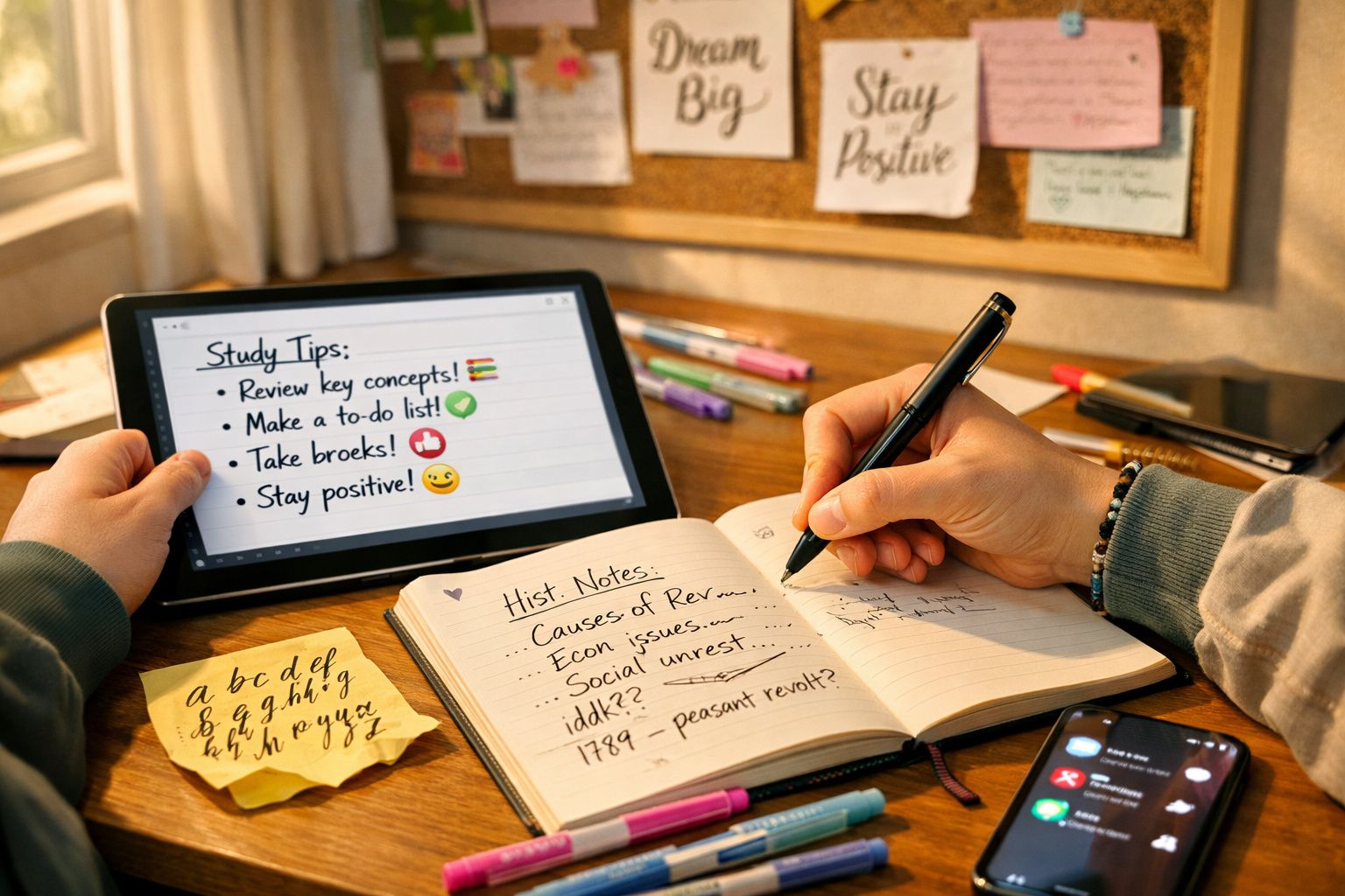 Pessoa a estudar com tablet, caderno, telemóvel e notas num ambiente de estudo organizado e iluminado.