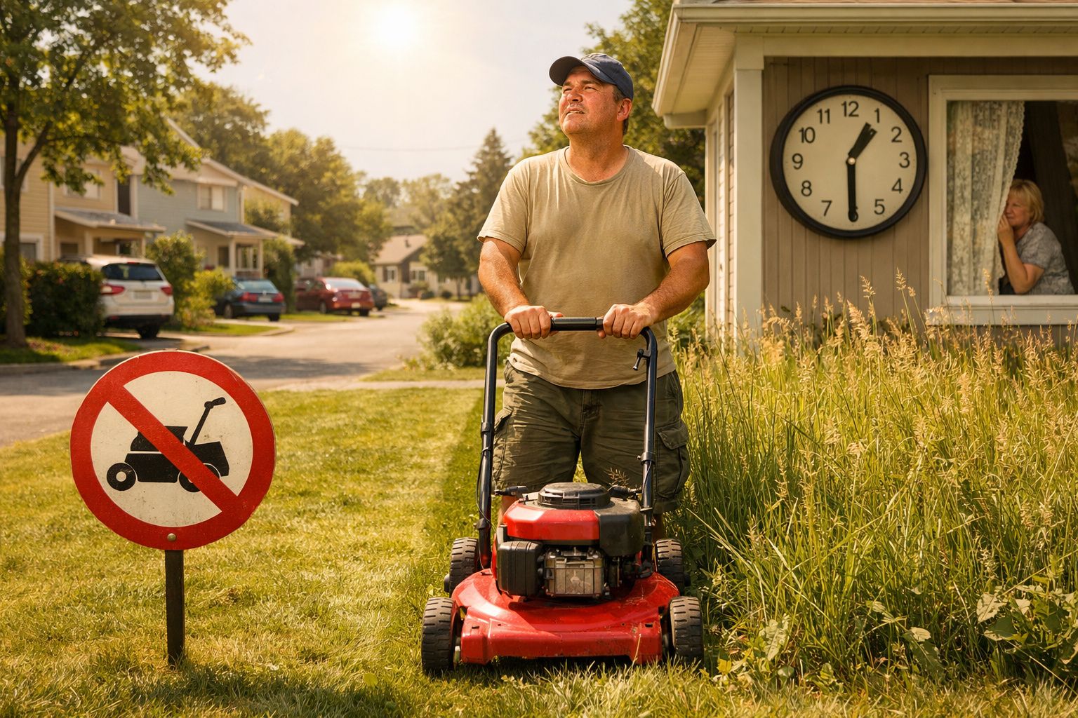 Homem a cortar relva com cortador, perto de placa de proibido cortar relva, mulher observa da janela.