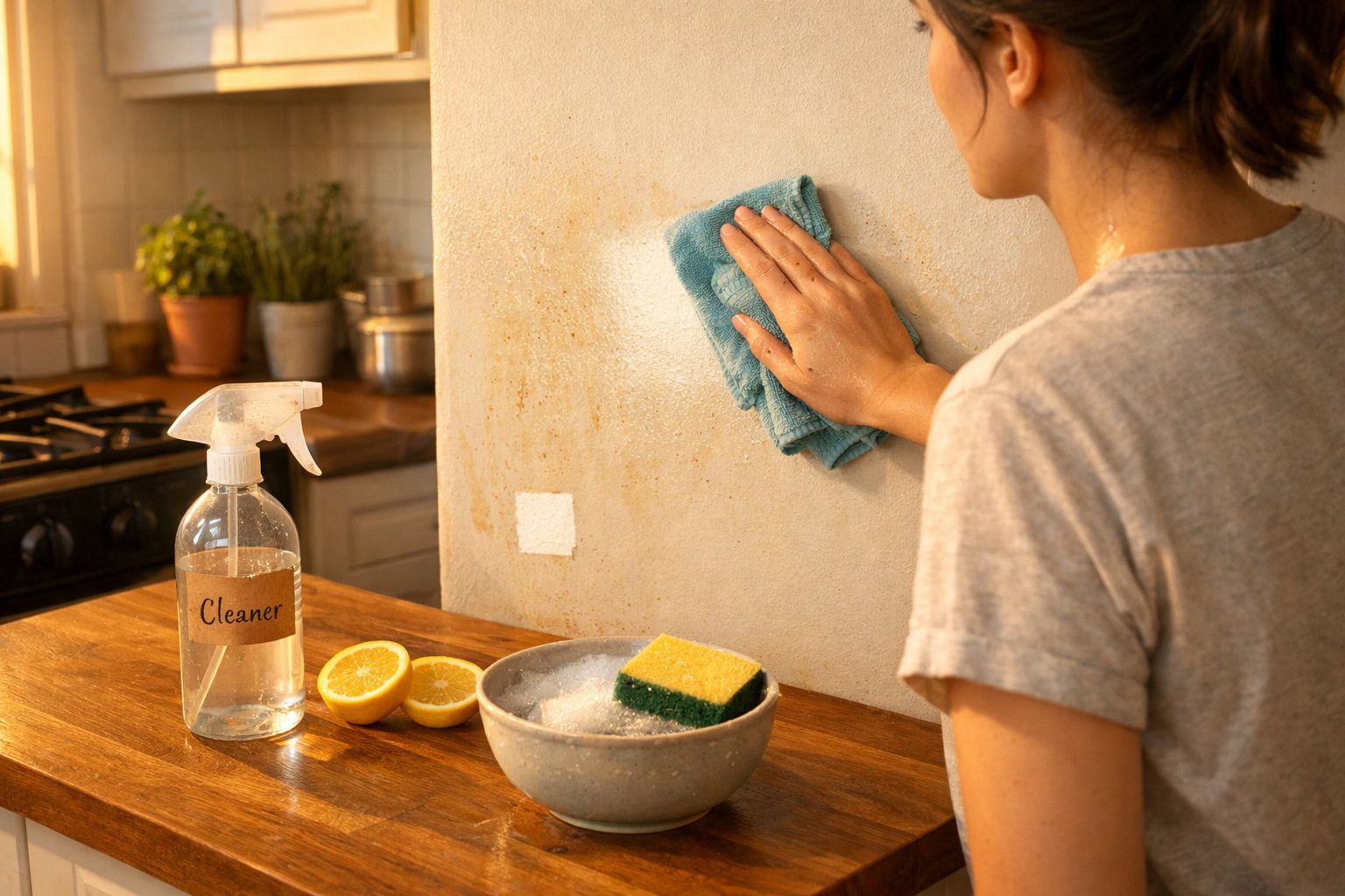 Pessoa a limpar manchas de gordura numa parede de cozinha com pano azul e spray de limpeza caseiro com limão.