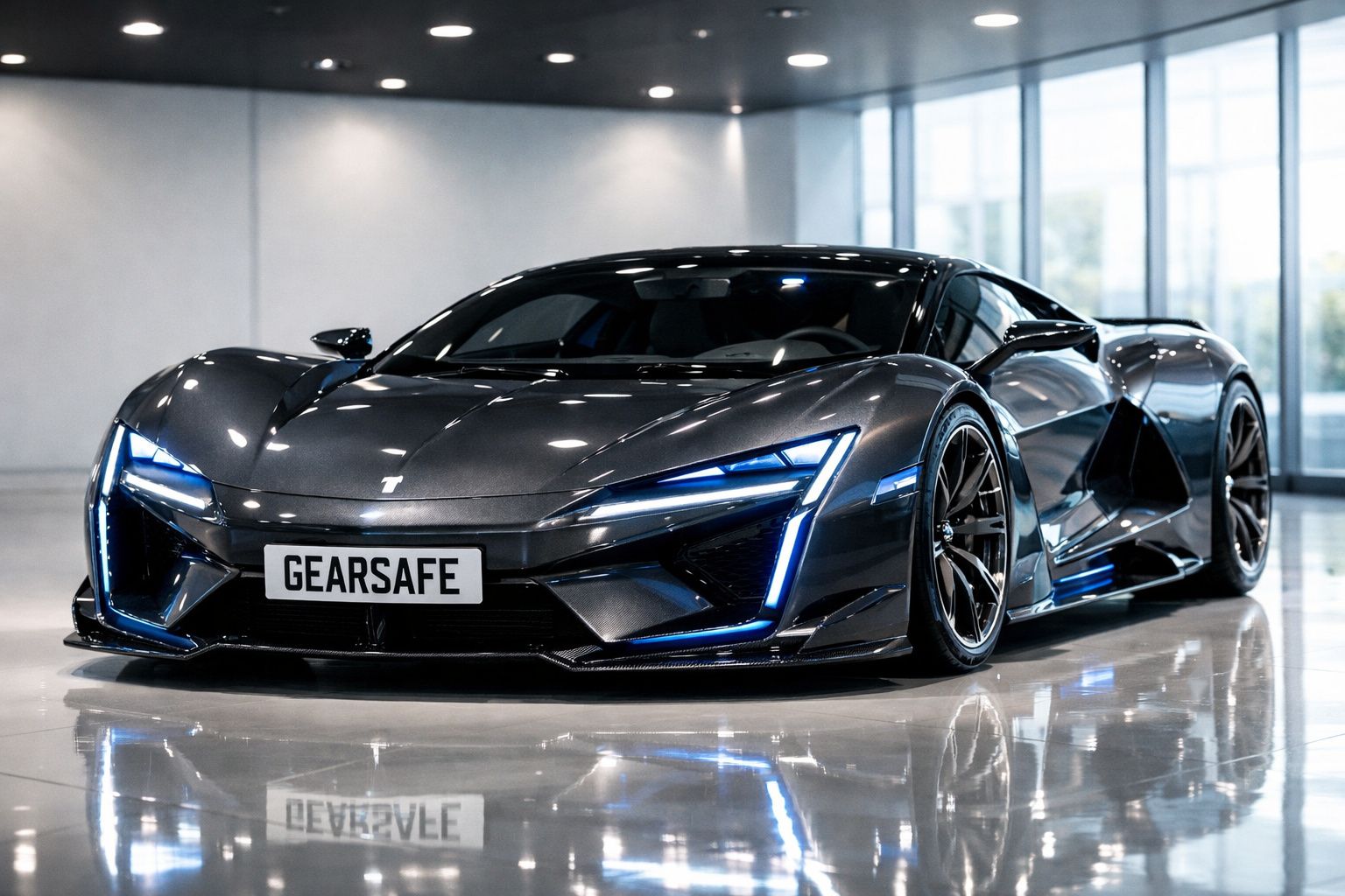 Carro desportivo elétrico preto com luzes LED e matrícula com o texto "GEARSAFE" em ambiente interior moderno.