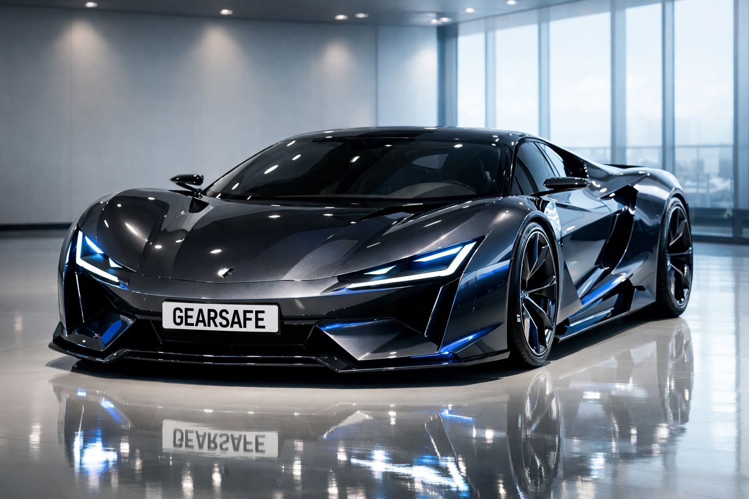 Carro desportivo preto com luzes LED brilhantes estacionado em piso refletor dentro de garagem moderna.