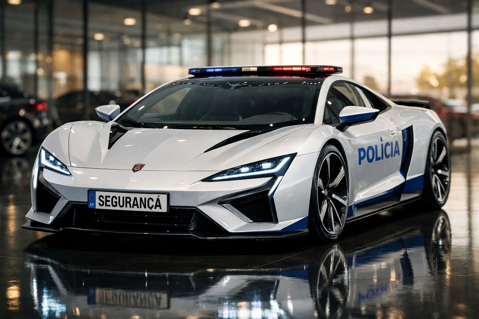 Carro desportivo branco da polícia com luzes de emergência, estacionado em interior moderno e brilhante.