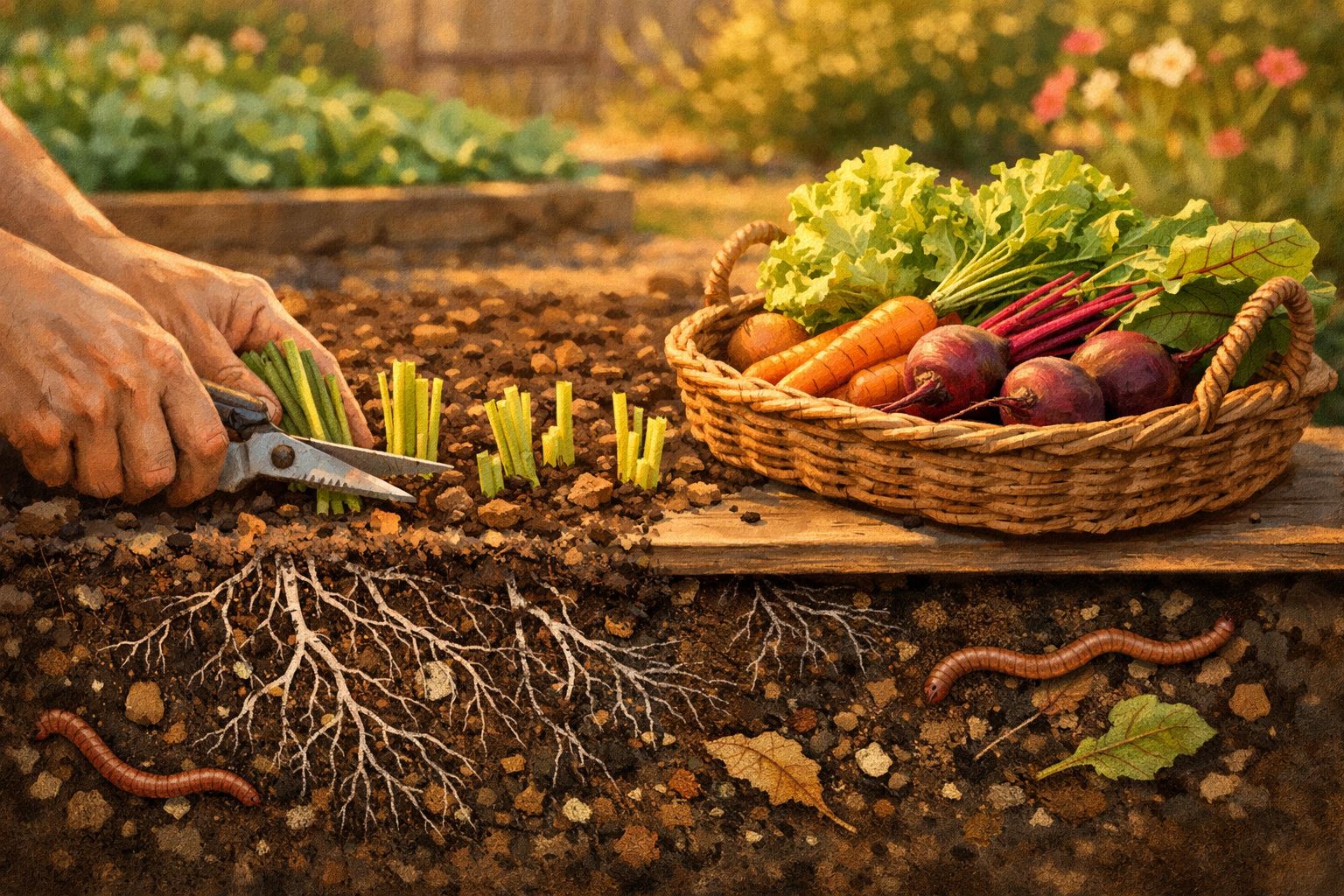 Mãos a cortar ramos de planta para plantação, cesta com legumes e raízes na terra com minhocas e folhas.