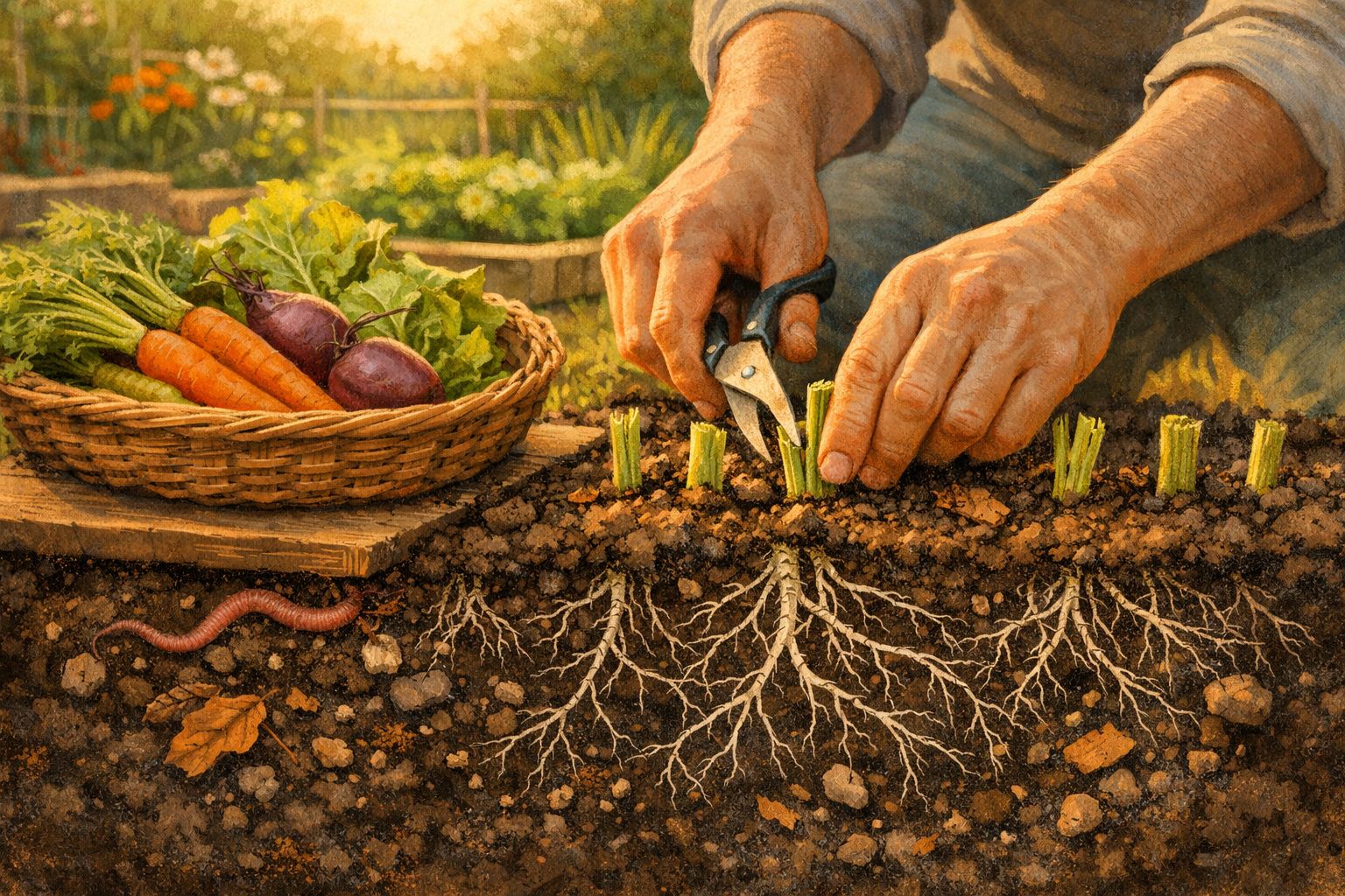 Mãos a cortar rebentos de plantas no solo fértil, com cesta de legumes frescos ao lado e minhoca visível na terra.